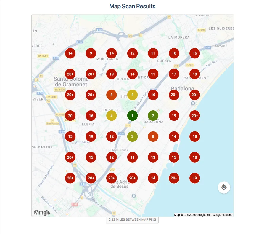 Mapa de calor Geogrid que muestra la visibilidad local de un negocio en Badalona y Santa Coloma de Gramenet.