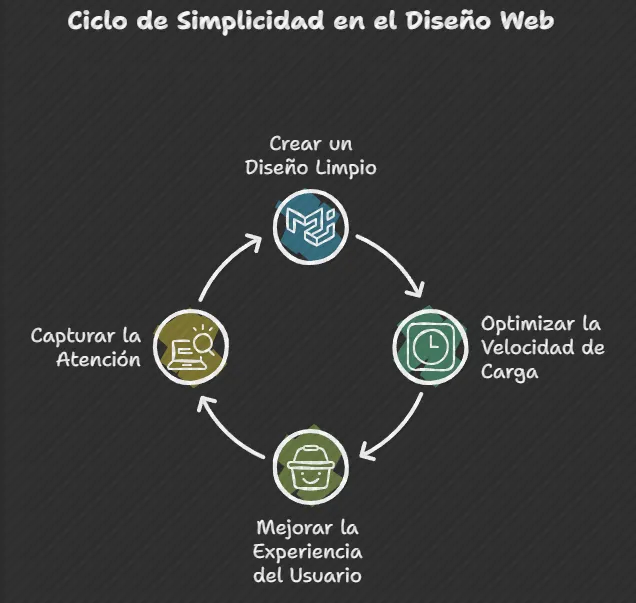 Ciclo de simplicidad en diseño web: Optimización de velocidad de carga, experiencia de usuario y captura de atención.