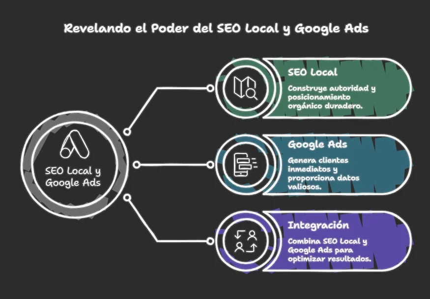 Sinergia total: Cómo Google Ads acelera tu posicionamiento y te da datos reales de conversión. Infografía sobre la sinergia entre SEO Local y Google Ads: captación inmediata de clientes, construcción de autoridad y optimización de resultados mediante integración de datos.